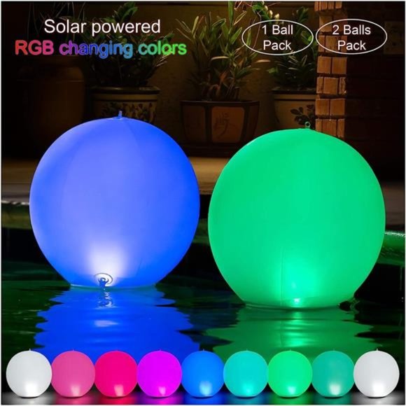 Solar Floating Pool Lights - Pack of 2 Solar Powered Color Changing 14-inch Ball - Picture 2 of 6